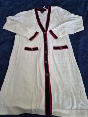 TALBOTS  Long MERINO WOOL Cardigan with Navy and Red Trim